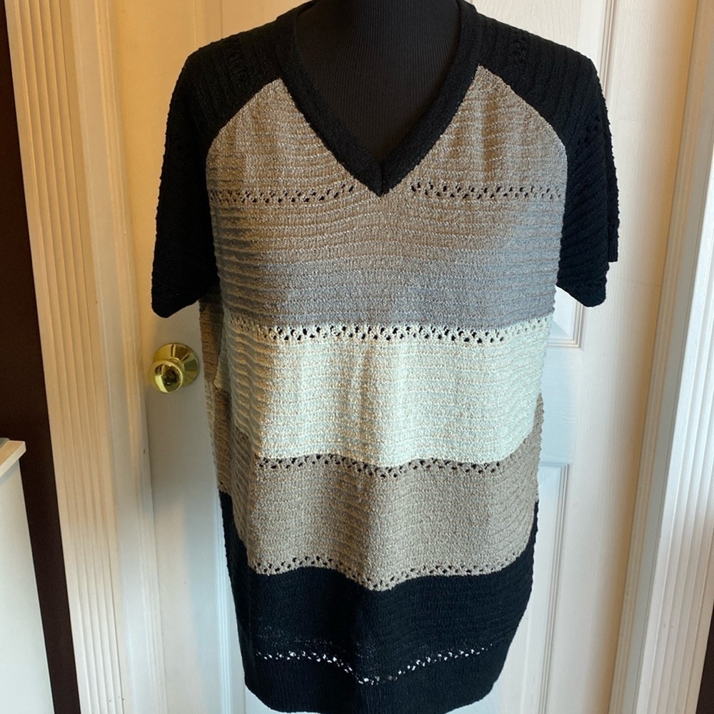 Colorblock V-Neck Short Sleeve Sweater Black Gray Cream Taupe sz XL NWOT